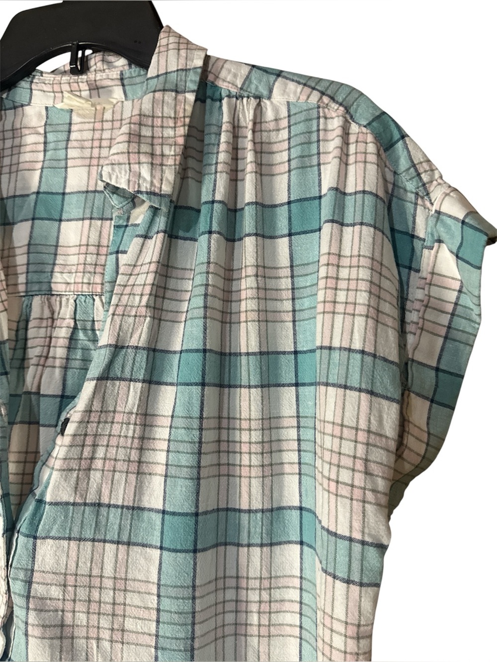 Caslon Light Teal and Off-White Plaid Short Sleeve Button Shirt - Size M - Picture 4 of 5